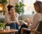 Vrouw in gesprek met een therapeut over angstklachten tijdens een therapiesessie in een rustige omgeving.