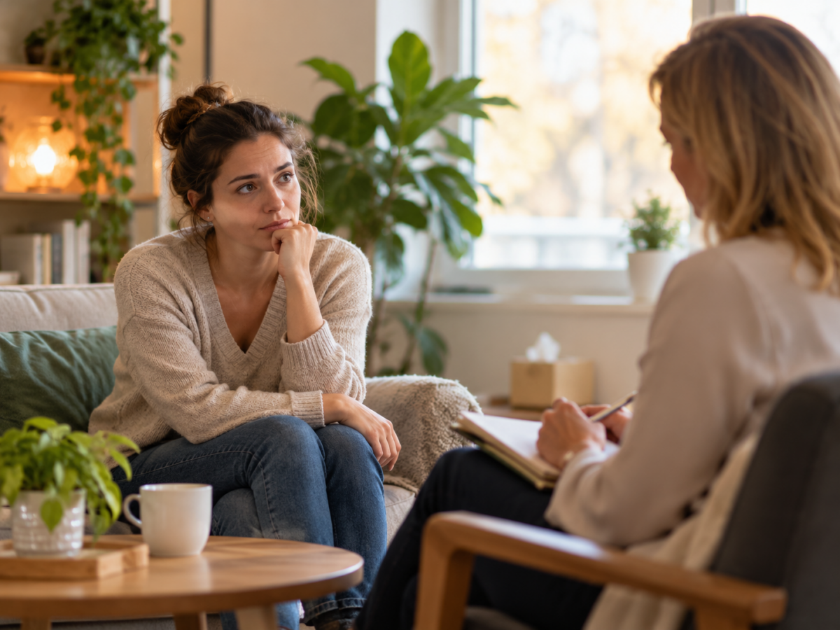 Vrouw in gesprek met een therapeut over angstklachten tijdens een therapiesessie in een rustige omgeving.